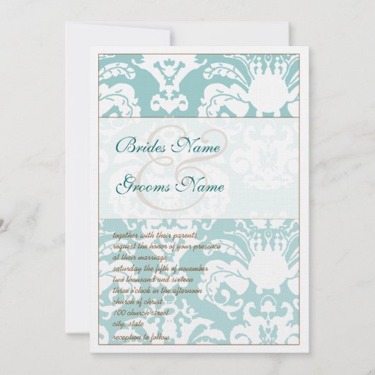 Aqua Blue en Brown Damask Wedding Invitation Kaart (Voorkant)
