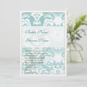 Aqua Blue en Brown Damask Wedding Invitation Kaart (Staand voorkant)