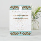  Aqua Blue en Brown Damask Wedding Kaart (Staand voorkant)