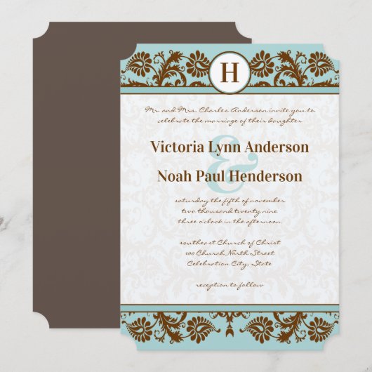  Aqua Blue en Brown Damask Wedding Kaart (Voorkant / Achterkant)