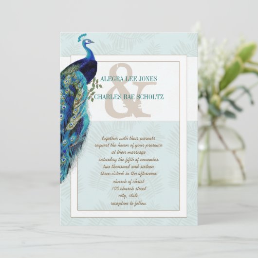 Aqua Blue en Brown Peacock Wedding Invitation Kaart (Staand voorkant)