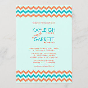 Aqua Blue en Coral Chevron Wedding Invitations Kaart