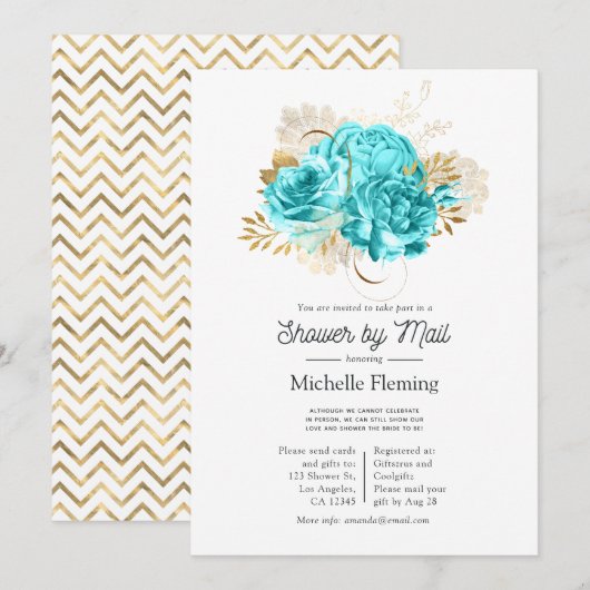 Aqua Blue en Gold Floral Shower per Mail Kaart (Voorkant / Achterkant)