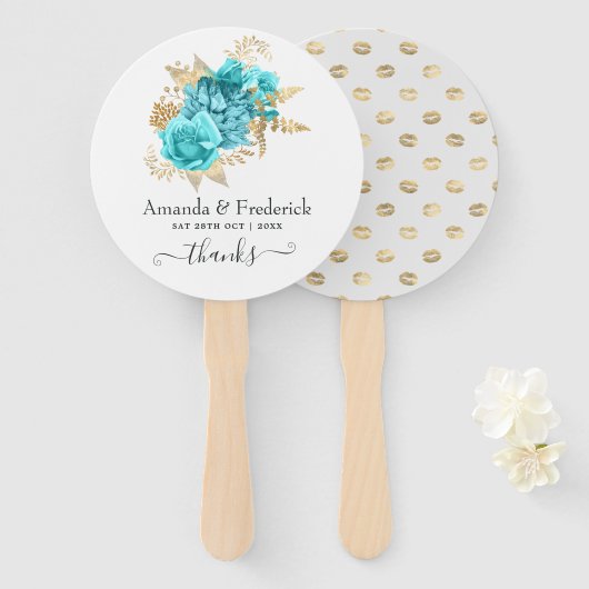 Aqua Blue en Gold Floral Wedding Handwaaier (Voorkant en achterkant)