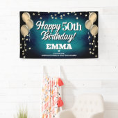 Aqua Blue en Gold Happy Birthday Banner (Insitu)
