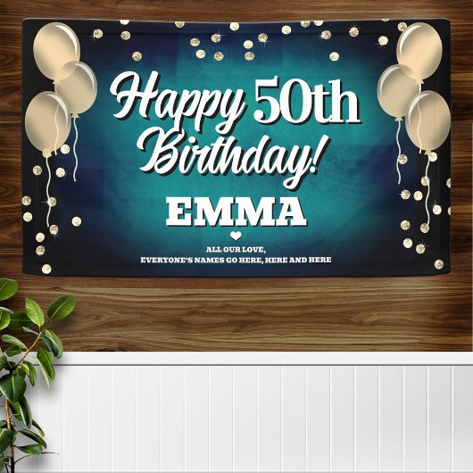 Aqua Blue en Gold Happy Birthday Banner