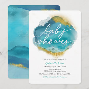 Aqua Blue en Gold Ocean Baby shower-uitnodiging Kaart