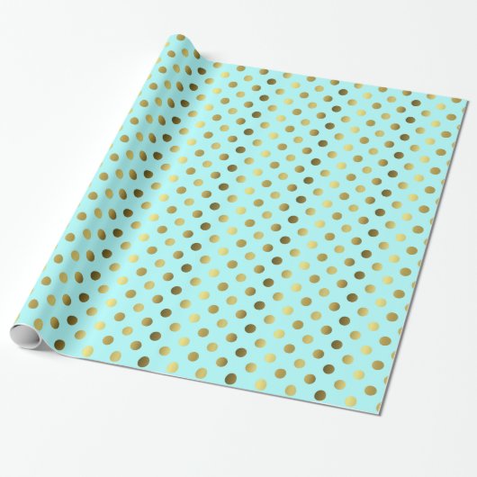 Aqua Blue en Gold Polka Dot Wrapping Paper Cadeaupapier (Uitgerold)