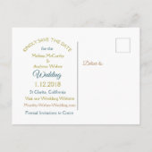 Aqua Blue en Gold Save the Date Briefkaarten (Achterkant)