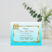 Aqua Blue en Gold Save the Date Briefkaarten (Staand voorkant)