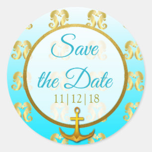 Aqua Blue en Gold Seahorse Save the Date Stickers