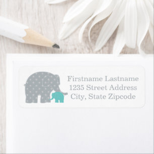 Aqua Blue en Gray Elephants Retouradres Etiket