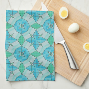 Aqua Blue en Green Geometric Tiled Pattern Theedoek