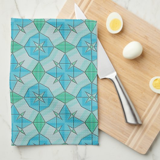 Aqua Blue en Green Geometric Tiled Pattern Theedoek (Quarter Fold)