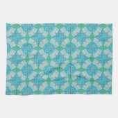 Aqua Blue en Green Geometric Tiled Pattern Theedoek (Horizontaal)