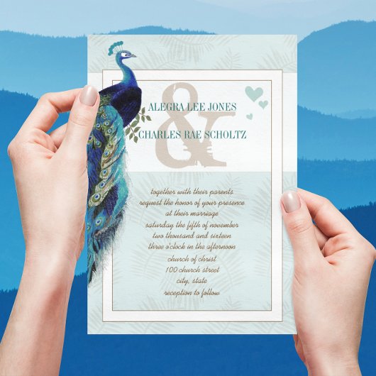 Aqua Blue en Navy Peacock Wedding Invitation Kaart