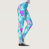 Aqua Blue en Roze Tropisch Leaf Patterned Leggings (Rechts)