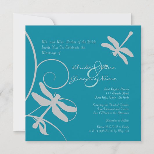 Aqua Blue en Silver Dragonfly Wedding Invitation Kaart (Voorkant)