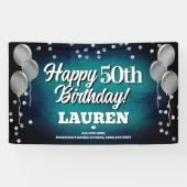 Aqua Blue en Silver Happy Birthday Banner (Horizontaal)