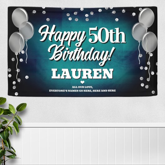 Aqua Blue en Silver Happy Birthday Banner