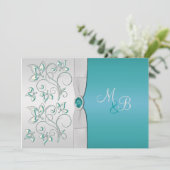 Aqua Blue en Silver Monogrammed Invitation Kaart (Staand voorkant)