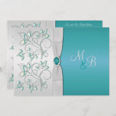 Aqua Blue en Silver Monogrammed Invitation Kaart (Voorkant / Achterkant)