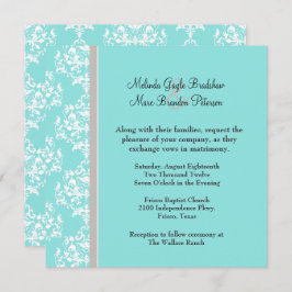 Aqua Blue en Taupe Damask Wedding Invitation Kaart