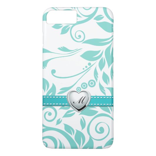 Aqua Blue en White Damask Pattern met Monogram Case-Mate iPhone Case (Achterkant)