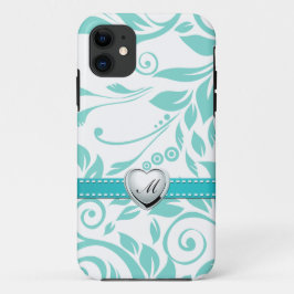 Aqua Blue en White Damask Pattern met Monogram iPhone 11 Hoesje