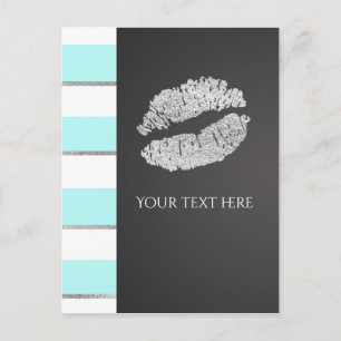 Aqua Blue en White Faux Silver Shimmer Lips Event Briefkaart