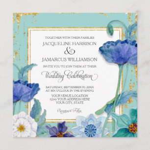 Aqua Blue en White Waterverf Floral Gold Lijst Kaart