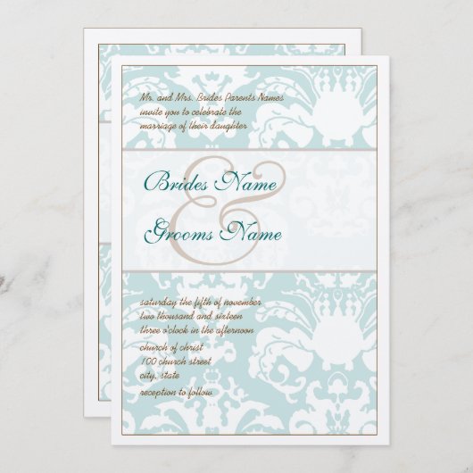 Aqua Blue et Mariage damassé Brown Invitation (Devant / Derrière)