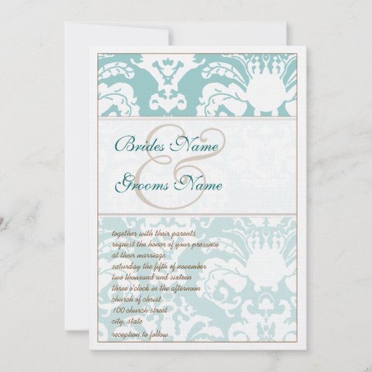 Aqua Blue et Mariage damassé Brown Invitation (Devant)