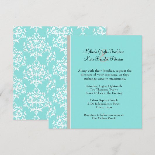 Aqua Blue et Taupe Mariage damassé Invitation (Devant / Derrière)