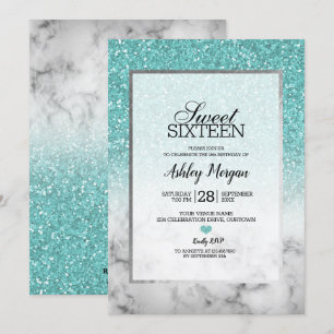 Aqua Blue Faux Glitter en Marble Sweet 16 Party Kaart