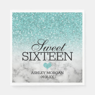 Aqua Blue Faux Glitter/Marble Sweet 16 Servet