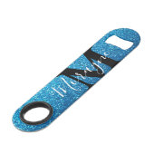 Aqua Blue Faux Glitter Zwart Wit Monogram Naam Speed Flessenopener (Voorkant Gekanteld)