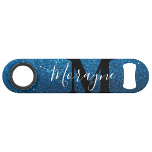 Aqua Blue Faux Glitter Zwart Wit Monogram Naam Speed Flessenopener