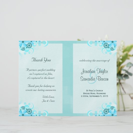Aqua Blue Floral BiFold Wedding Programme Modèles (Debout devant)