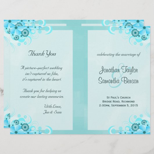 Aqua Blue Floral BiFold Wedding Programme Modèles (Devant / Derrière)