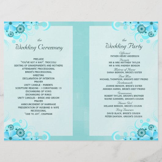 Aqua Blue Floral BiFold Wedding Programme Modèles (Dos)