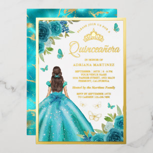 Aqua Blue Floral Dress Butterfly Quinceanera Gold Folie Uitnodiging