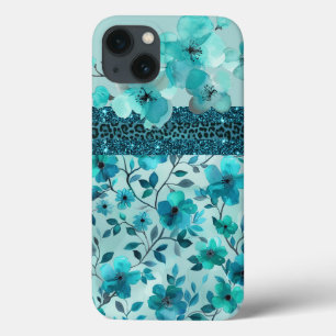Aqua blue floral faux glitter iPhone 13 hoesje