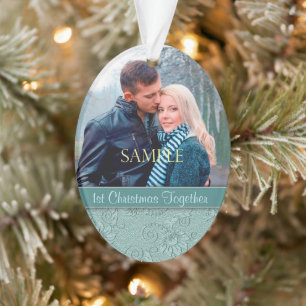 Aqua Blue Floral Swirl First Kerstmis Sjabloon Ornament