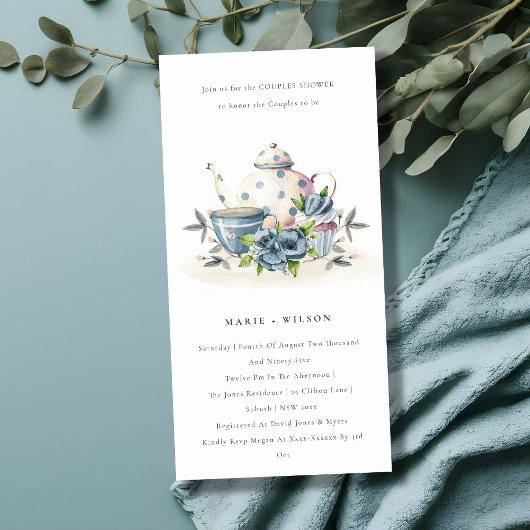 Aqua Blue Floral Teapot Cup Couples Invitation de 