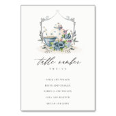 Aqua Blue floral Teapot Cup Crest Wedding Seating Kaart (Achterkant)