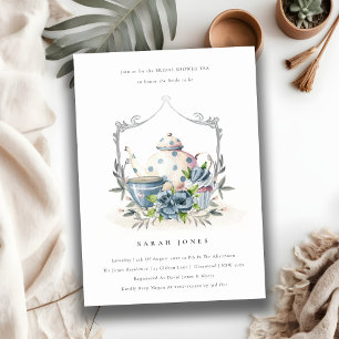 Aqua Blue Floral Teapot Cup Vrijgezellenfeest Invi Bedankkaart
