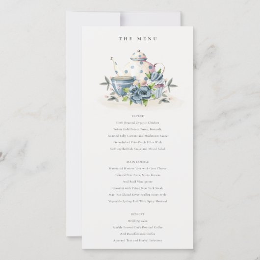 Aqua Blue Floral Teapot Cups Wedding Menu Card (Voorkant)