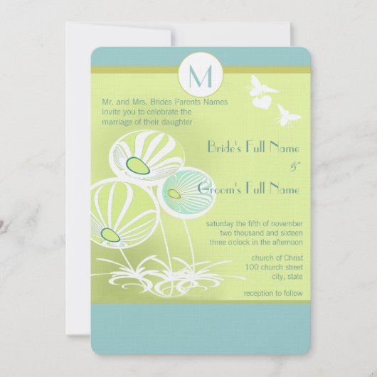 Aqua Blue Flowers and Bees Wedding Invitation Kaart (Voorkant)