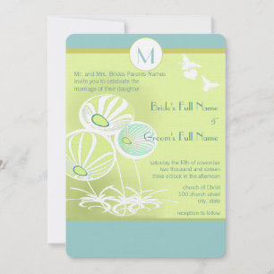 Aqua Blue Flowers and Bees Wedding Invitation Kaart